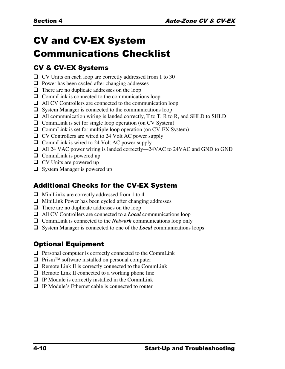 Cv and cv-ex system communications checklist | Auto-Zone Control Systems Auto-Zone CV & CV-EX Systems Installation & Operation (Version 01C) User Manual | Page 88 / 120
