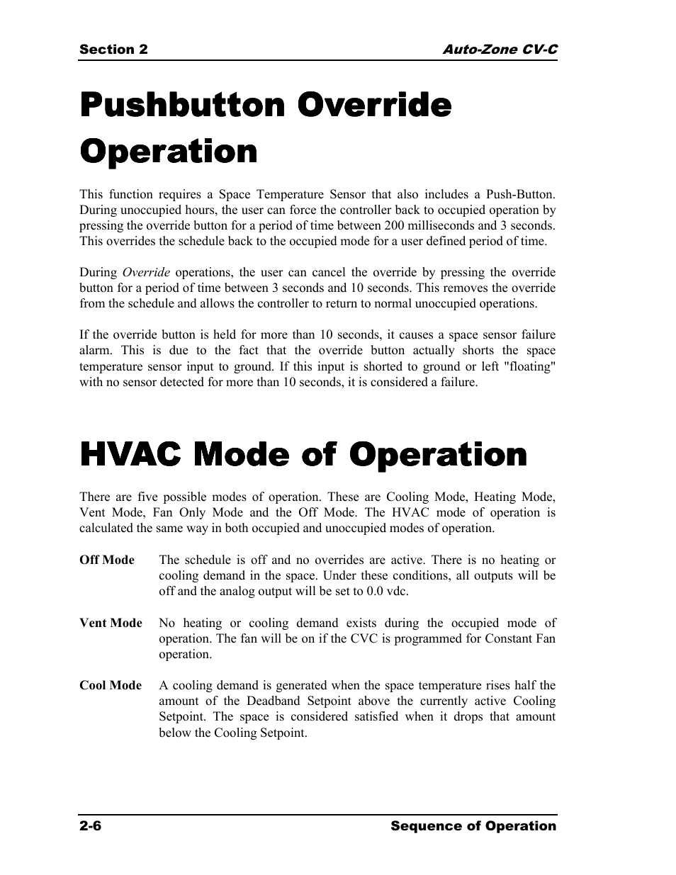 Pushbutton override, Hvac mode of operation | Auto-Zone Control Systems Auto-Zone CV-C Controller Installation Guide (Version 01A) User Manual | Page 16 / 42