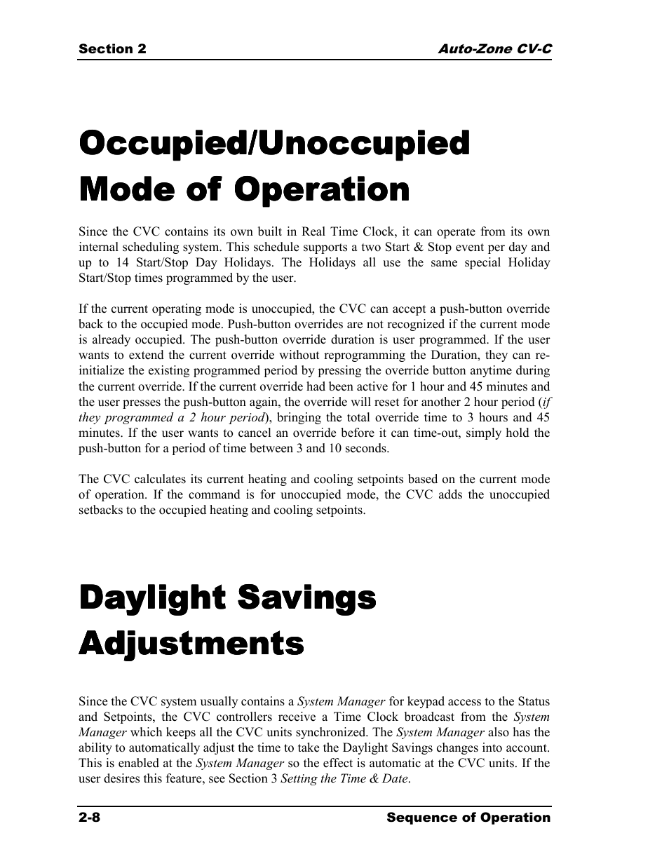 Occupied/unoccupied, Daylight savings | Auto-Zone Control Systems Auto-Zone CV-C Controller Installation Guide (Version 01A) User Manual | Page 18 / 42