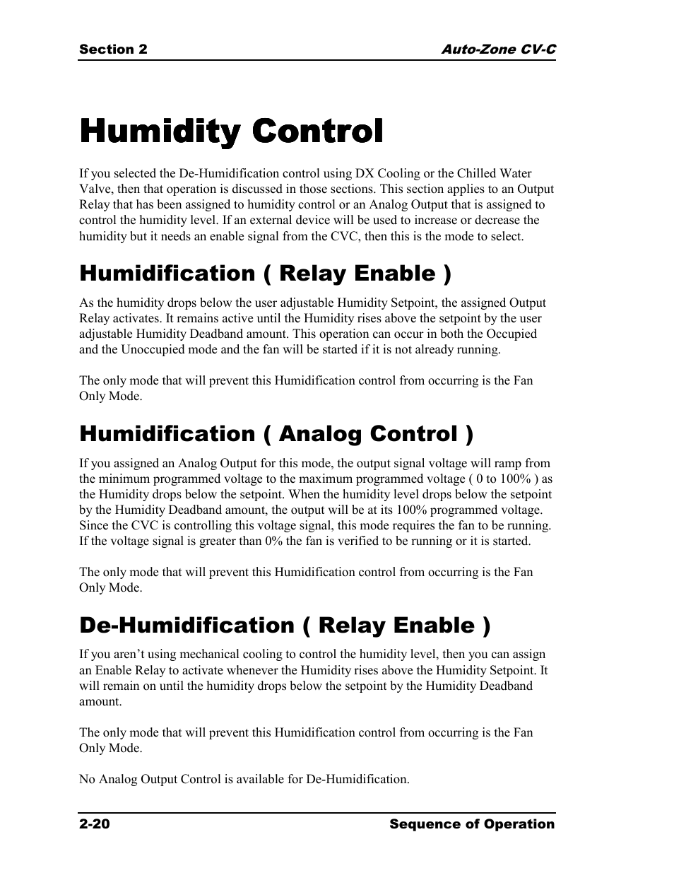 Humidity control, Humidification ( relay enable ), Humidification ( analog control ) | De-humidification ( relay enable ) | Auto-Zone Control Systems Auto-Zone CV-C Controller Installation Guide (Version 01A) User Manual | Page 30 / 42