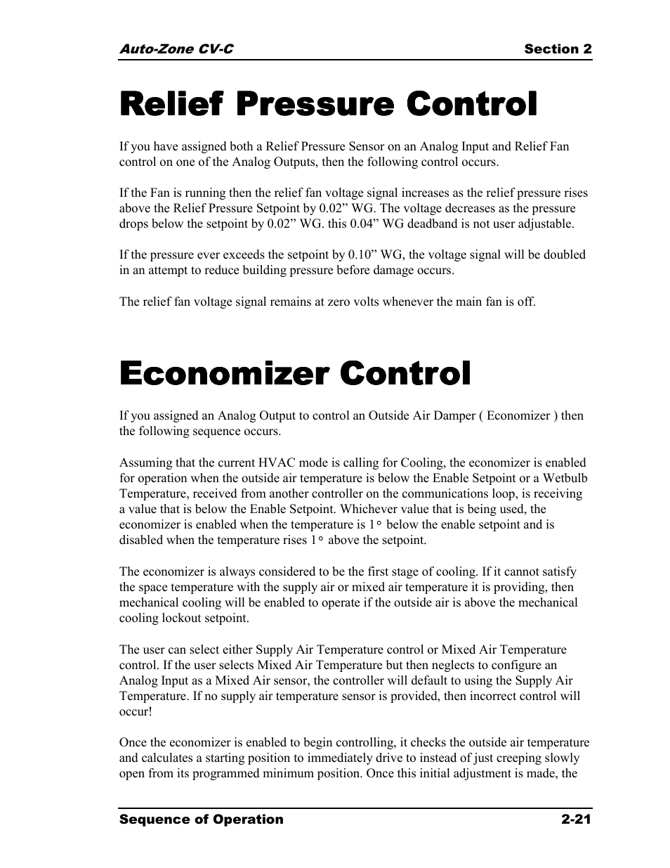 Relief pressure control, Economizer control | Auto-Zone Control Systems Auto-Zone CV-C Controller Installation Guide (Version 01A) User Manual | Page 31 / 42