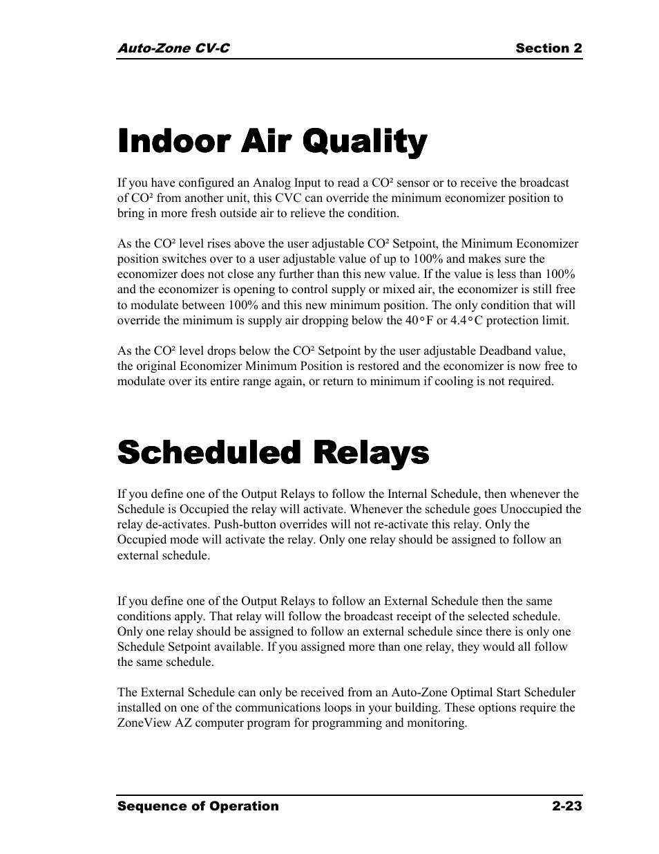 Indoor air quality, Scheduled relays | Auto-Zone Control Systems Auto-Zone CV-C Controller Installation Guide (Version 01A) User Manual | Page 33 / 42