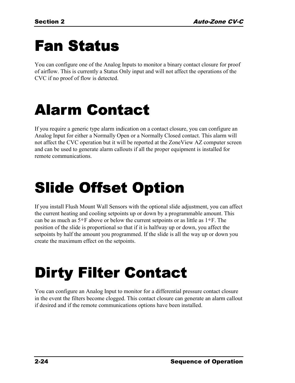 Fan status, Alarm contact, Slide offset option | Dirty filter contact | Auto-Zone Control Systems Auto-Zone CV-C Controller Installation Guide (Version 01A) User Manual | Page 34 / 42