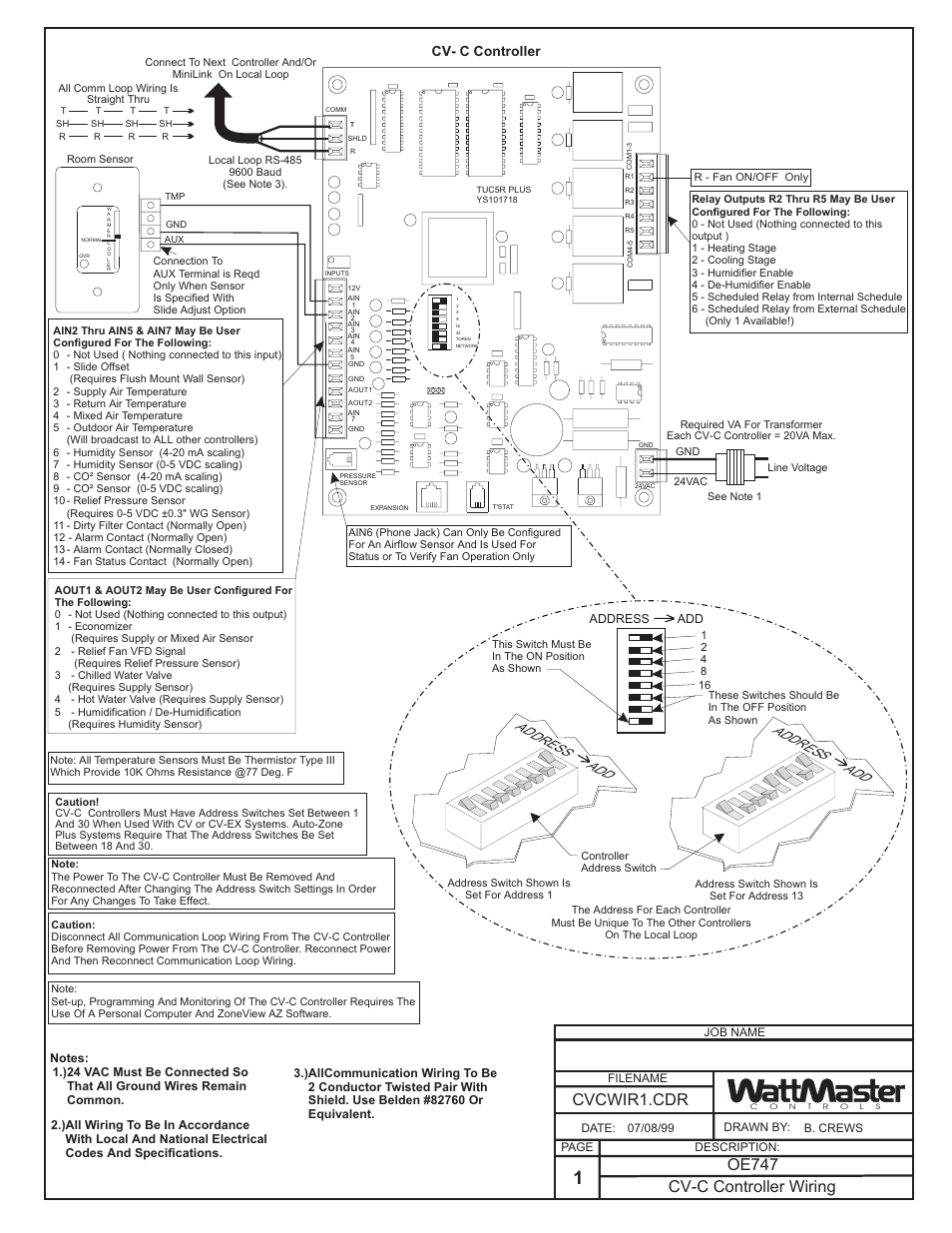 Cv-c controller wiring, Cvcwir1.cdr oe747, Address add address add | Cv- c controller | Auto-Zone Control Systems Auto-Zone CV-C Controller Installation Guide (Version 01A) User Manual | Page 4 / 42