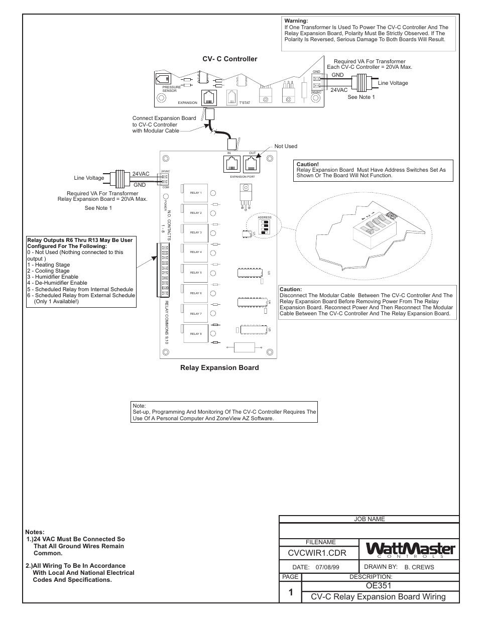 Cv-c relay expansion board wiring, Cvcwir1.cdr oe351, Cv- c controller relay expansion board | Auto-Zone Control Systems Auto-Zone CV-C Controller Installation Guide (Version 01A) User Manual | Page 6 / 42