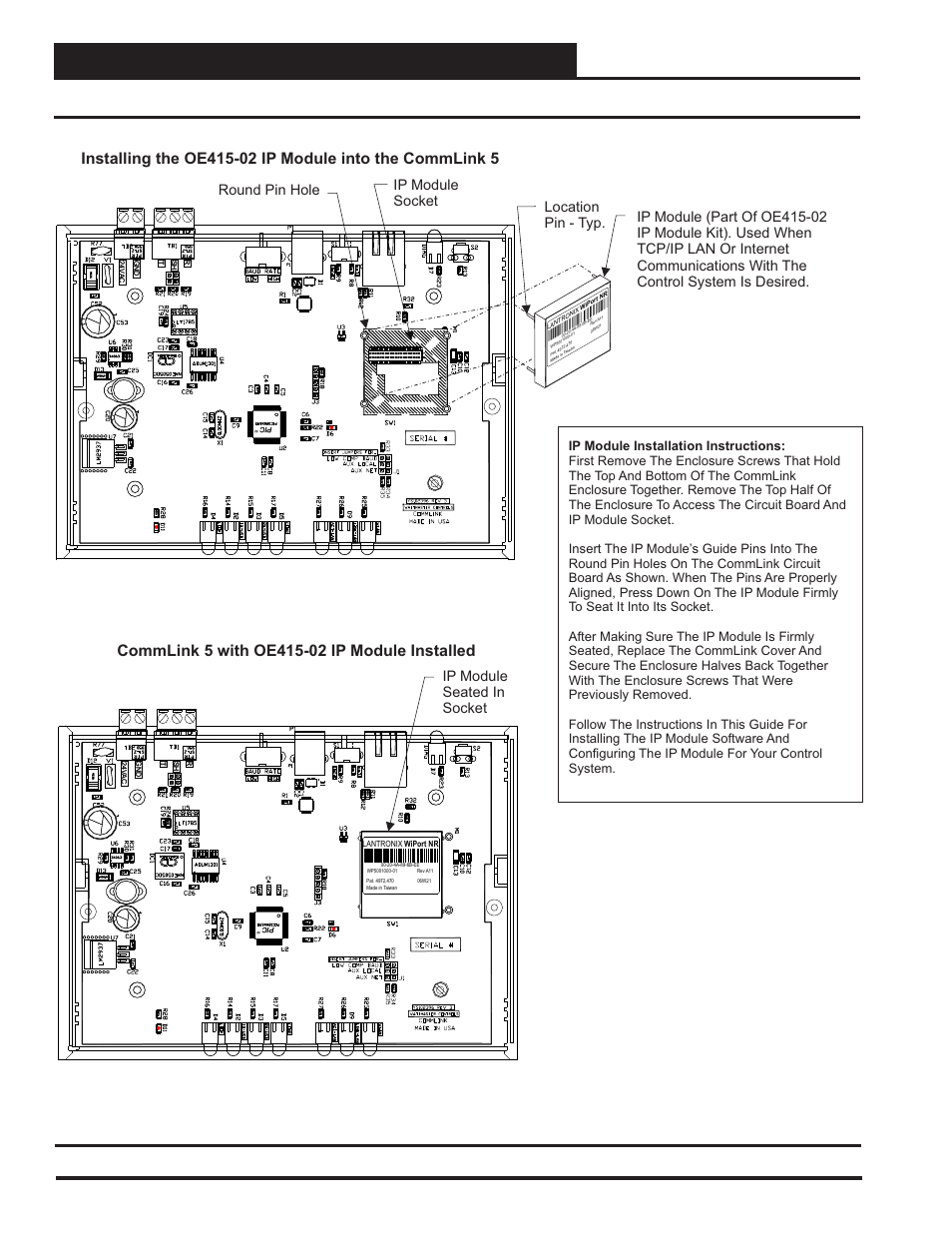 Ip module, Commlink 5 ip module installation, 6 technical guide | Ip module seated in socket | Auto-Zone Control Systems IP Module Kit Installation Guide for the IP Module Kit Used with CommLink IV & 5 (Version 01N) User Manual | Page 6 / 20