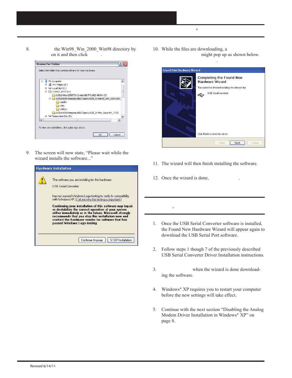 Remote link ii technical guide, Usb driver installation instructions for windows | Auto-Zone Control Systems Remote Link II Technical Guide, Installation Instructions for the Remote Link II Modem (Version 01C) User Manual | Page 6 / 20