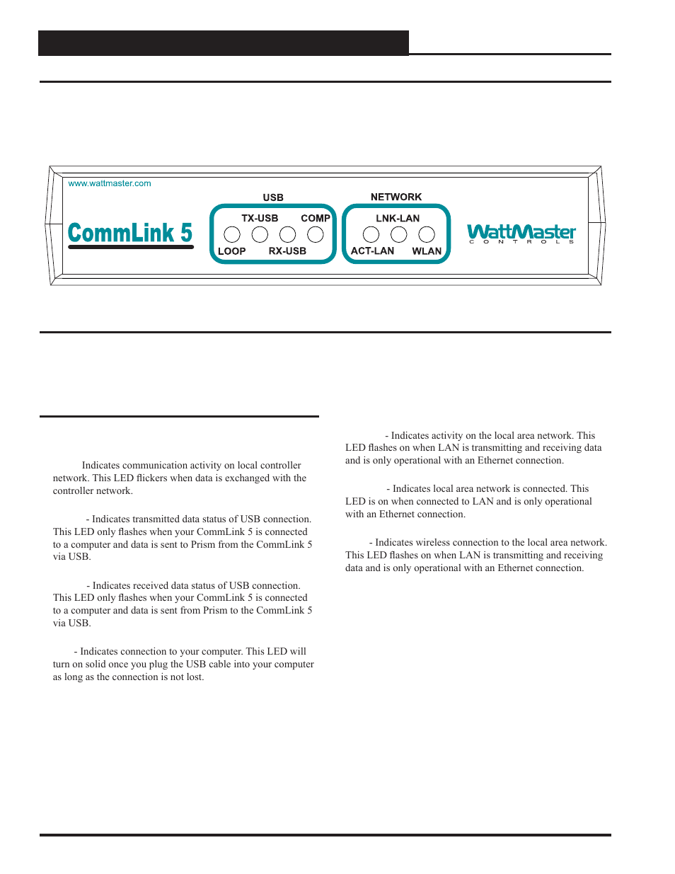 Commlink 5 technical guide, Commlink 5 led descriptions | Auto-Zone Control Systems CommLink 5 Technical Guide, Installation Instructions for the CommLink 5 Communications Interface (Version 01G) User Manual | Page 12 / 16