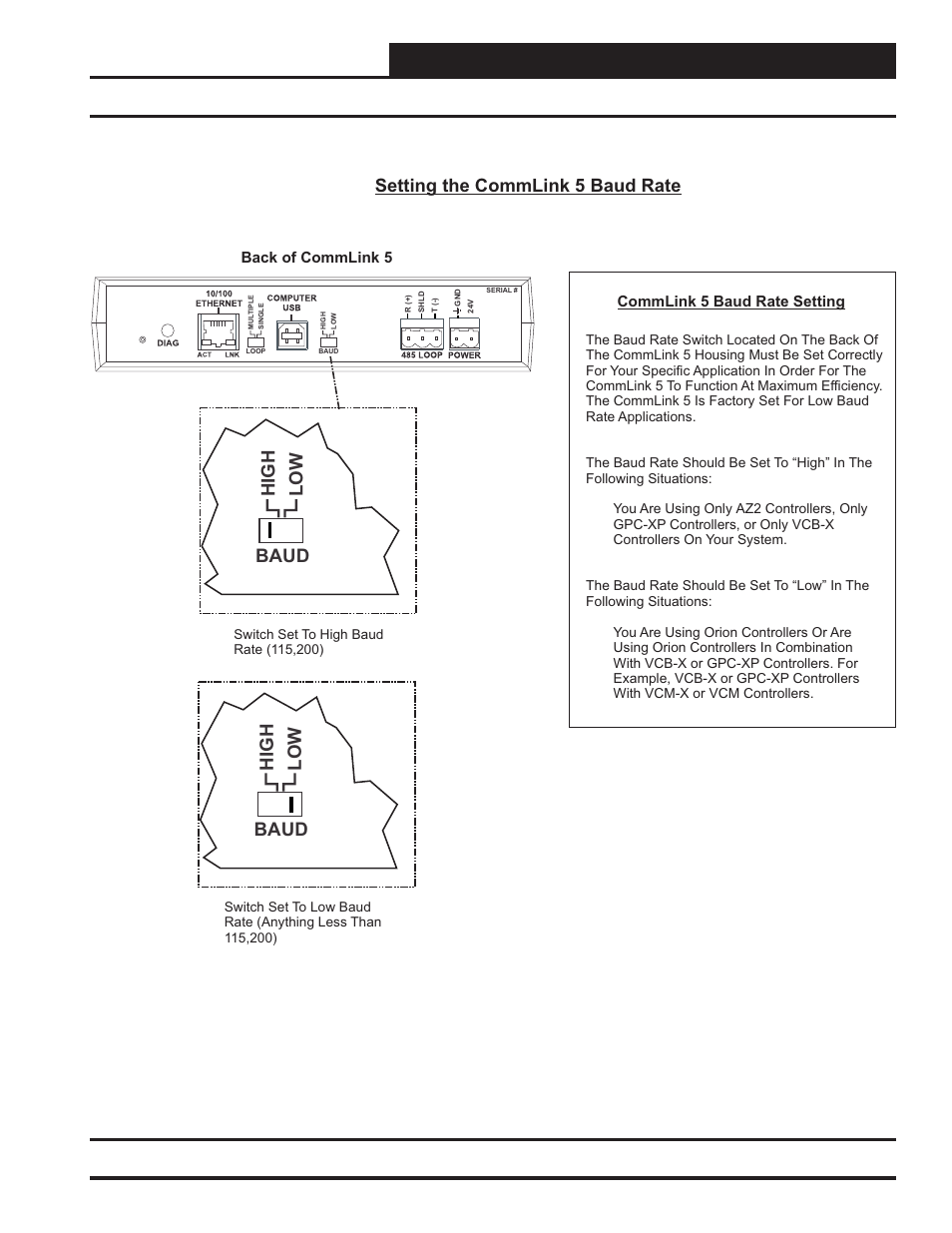 Commlink 5 technical guide, Baud rate setting, 7 operator interface | Setting the commlink 5 baud rate, High low baud | Auto-Zone Control Systems CommLink 5 Technical Guide, Installation Instructions for the CommLink 5 Communications Interface (Version 01G) User Manual | Page 7 / 16