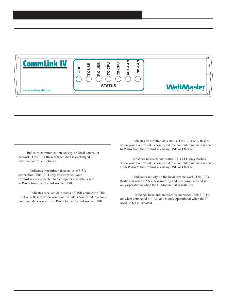 Commlink iv, Commlink iv led descriptions, Commlink iv technical guide 14 operator interface | Auto-Zone Control Systems CommLink IV Technical Guide, Installation Instructions for the CommLink IV Communications Interface (Version 01E) User Manual | Page 14 / 20