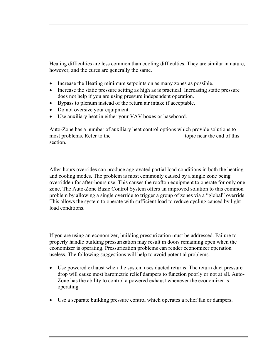 Heating - partial load conditions, Override conditions, Building pressurization | Auto-Zone Control Systems Auto-Zone Basic Systems Installation & Operation (Version 02C) User Manual | Page 13 / 150