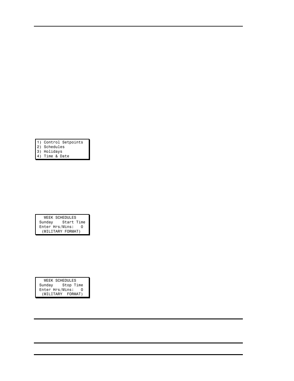 Zone manager setpoints, Week schedules, Zone manager setpoint menu | Schedule start time, Schedule stop time | Auto-Zone Control Systems Auto-Zone Basic Systems Installation & Operation (Version 02C) User Manual | Page 82 / 150
