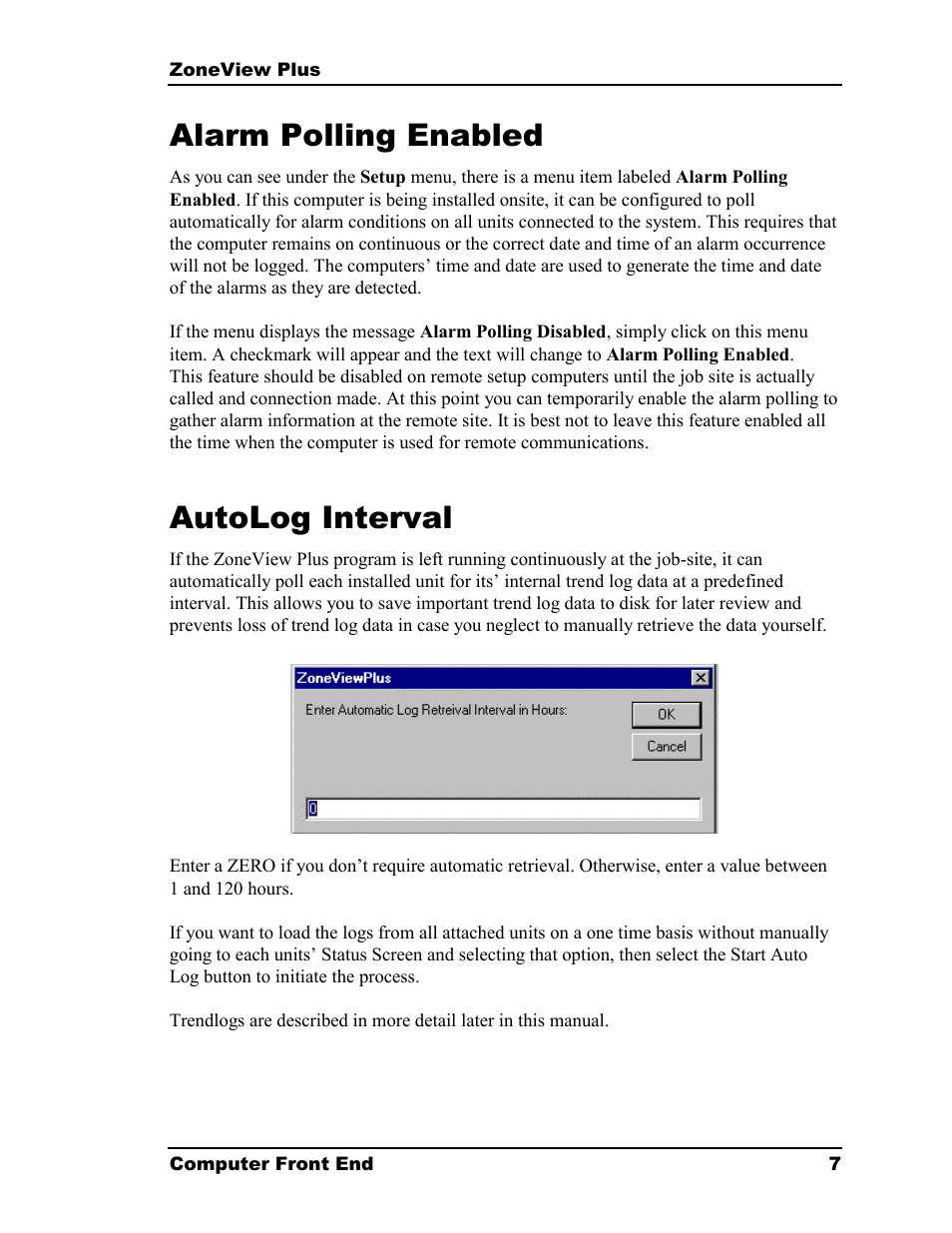 Alarm polling enabled, Autolog interval | Auto-Zone Control Systems ZoneView Plus Software Manual (Version 01C) User Manual | Page 13 / 62