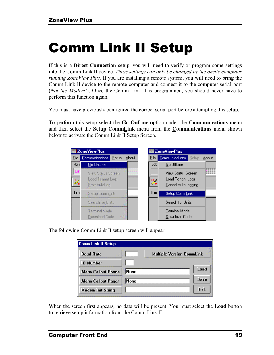 Comm link ii setup | Auto-Zone Control Systems ZoneView Plus Software Manual (Version 01C) User Manual | Page 25 / 62