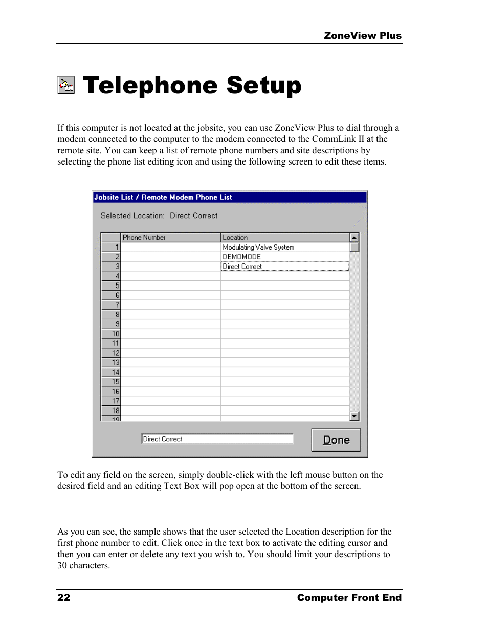 Telephone setup | Auto-Zone Control Systems ZoneView Plus Software Manual (Version 01C) User Manual | Page 28 / 62