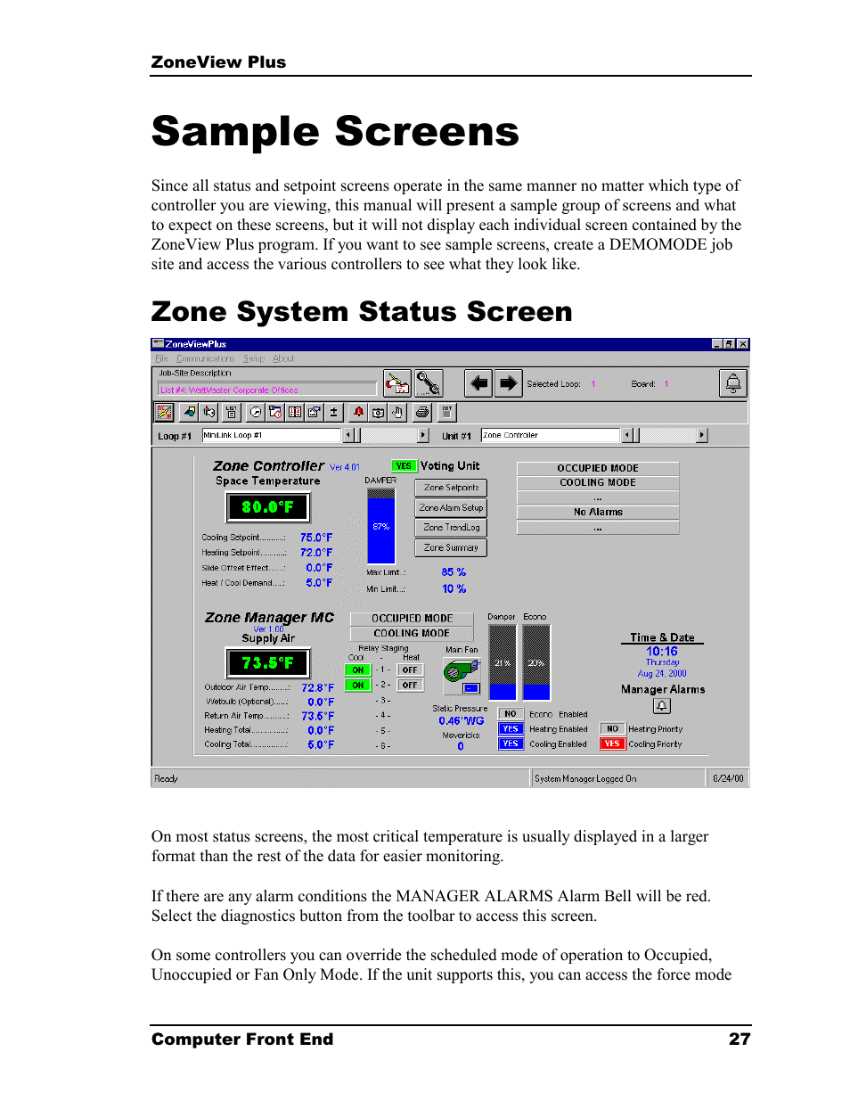 Sample screens, Zone system status screen | Auto-Zone Control Systems ZoneView Plus Software Manual (Version 01C) User Manual | Page 33 / 62