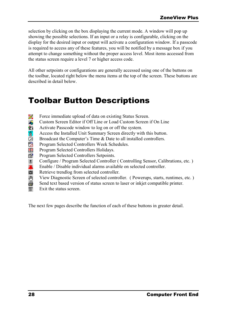 Toolbar button descriptions | Auto-Zone Control Systems ZoneView Plus Software Manual (Version 01C) User Manual | Page 34 / 62
