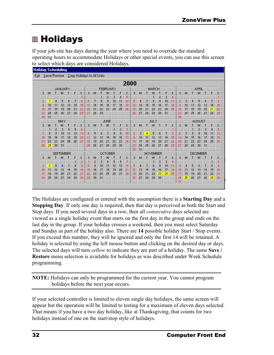 Holidays | Auto-Zone Control Systems ZoneView Plus Software Manual (Version 01C) User Manual | Page 38 / 62