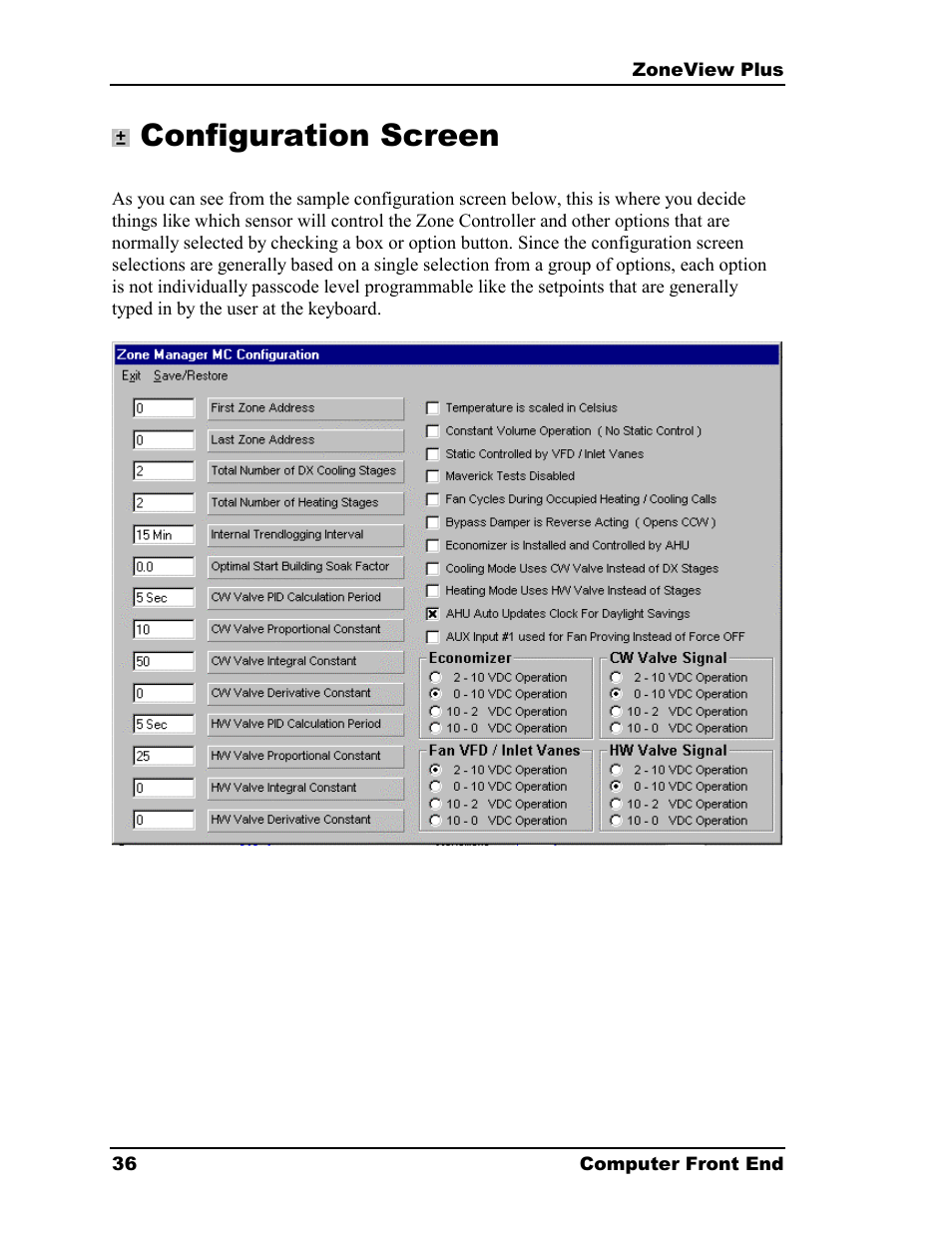 Configuration screen | Auto-Zone Control Systems ZoneView Plus Software Manual (Version 01C) User Manual | Page 42 / 62