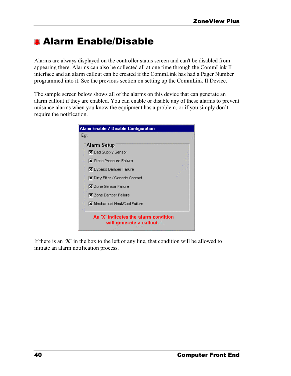 Alarm enable/disable | Auto-Zone Control Systems ZoneView Plus Software Manual (Version 01C) User Manual | Page 46 / 62