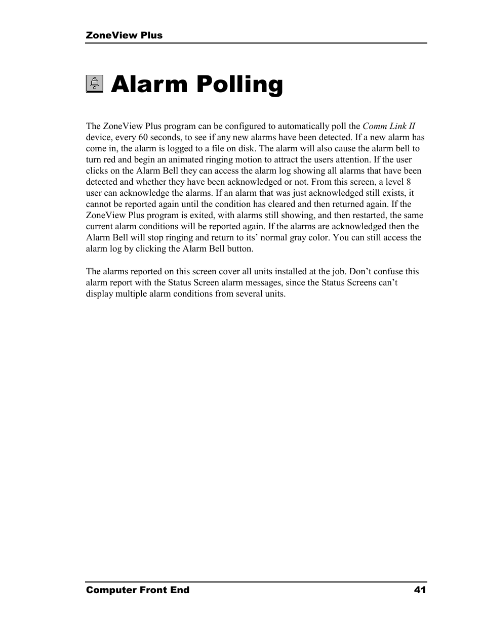 Alarm polling | Auto-Zone Control Systems ZoneView Plus Software Manual (Version 01C) User Manual | Page 47 / 62