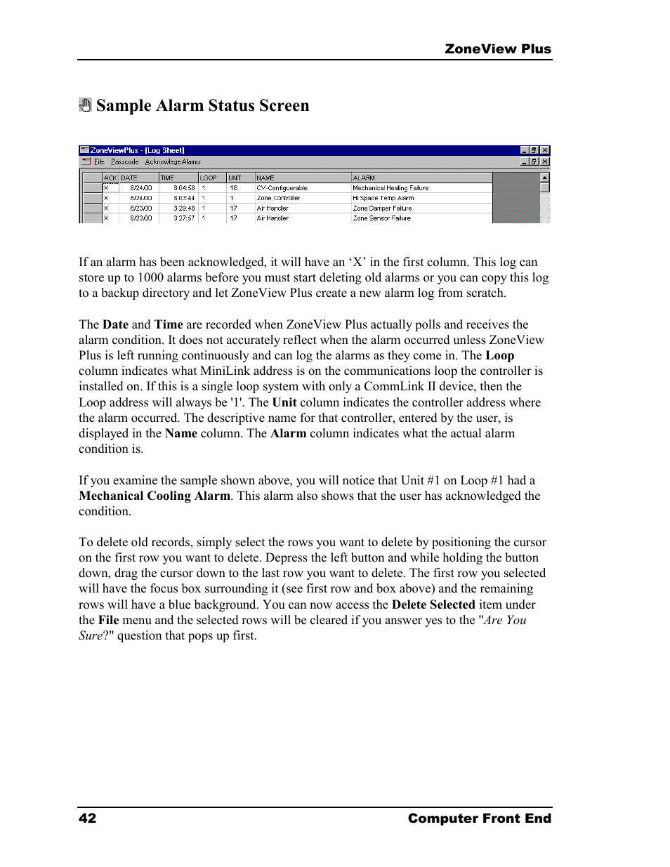 Sample alarm status screen | Auto-Zone Control Systems ZoneView Plus Software Manual (Version 01C) User Manual | Page 48 / 62