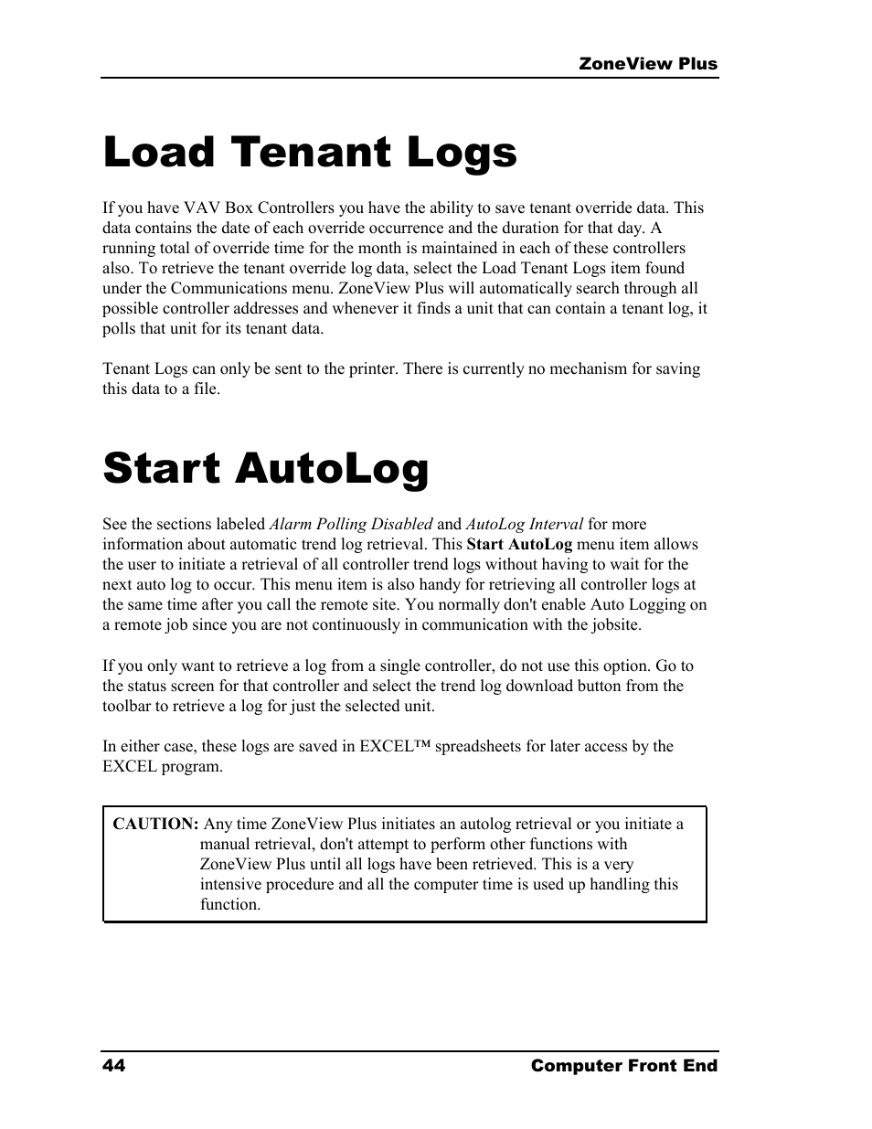 Load tenant logs, Start autolog | Auto-Zone Control Systems ZoneView Plus Software Manual (Version 01C) User Manual | Page 50 / 62