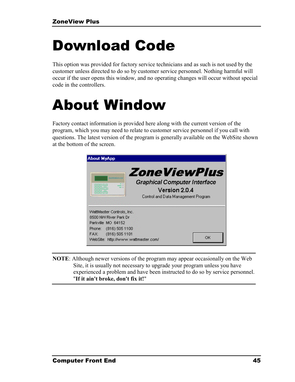 Download code, About window | Auto-Zone Control Systems ZoneView Plus Software Manual (Version 01C) User Manual | Page 51 / 62