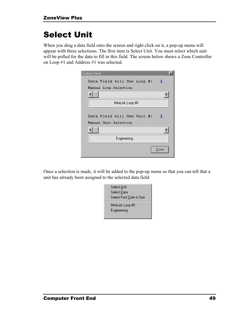 Select unit | Auto-Zone Control Systems ZoneView Plus Software Manual (Version 01C) User Manual | Page 55 / 62