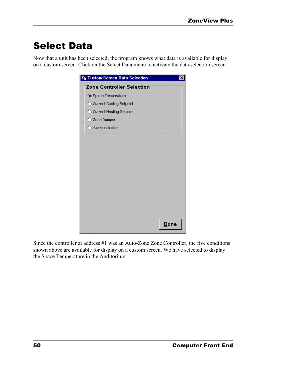 Select data | Auto-Zone Control Systems ZoneView Plus Software Manual (Version 01C) User Manual | Page 56 / 62
