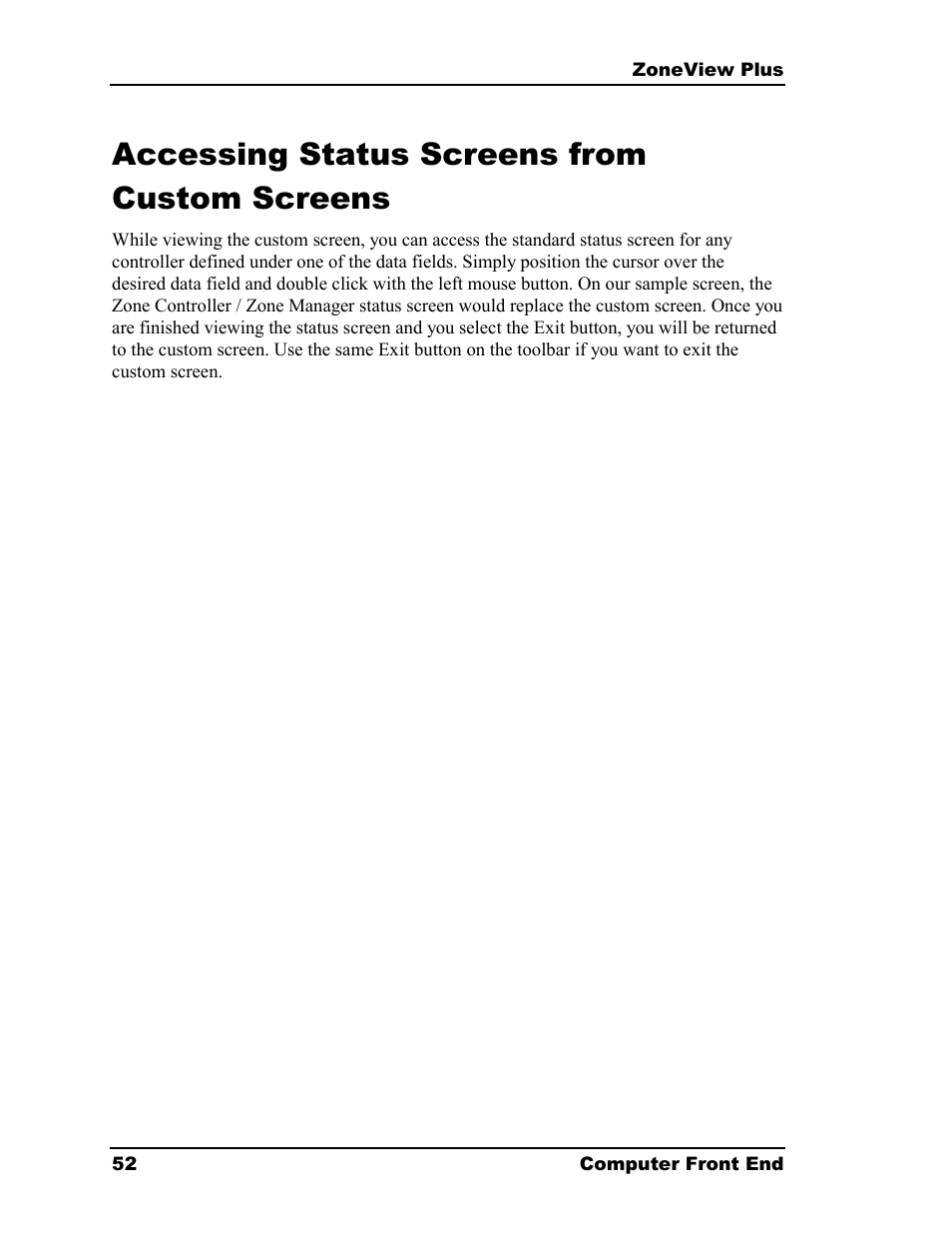 Accessing status screens from custom screens | Auto-Zone Control Systems ZoneView Plus Software Manual (Version 01C) User Manual | Page 58 / 62