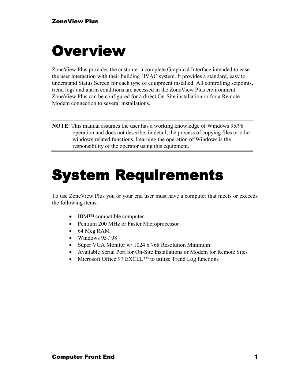 Overview, System requirements | Auto-Zone Control Systems ZoneView Plus Software Manual (Version 01C) User Manual | Page 7 / 62