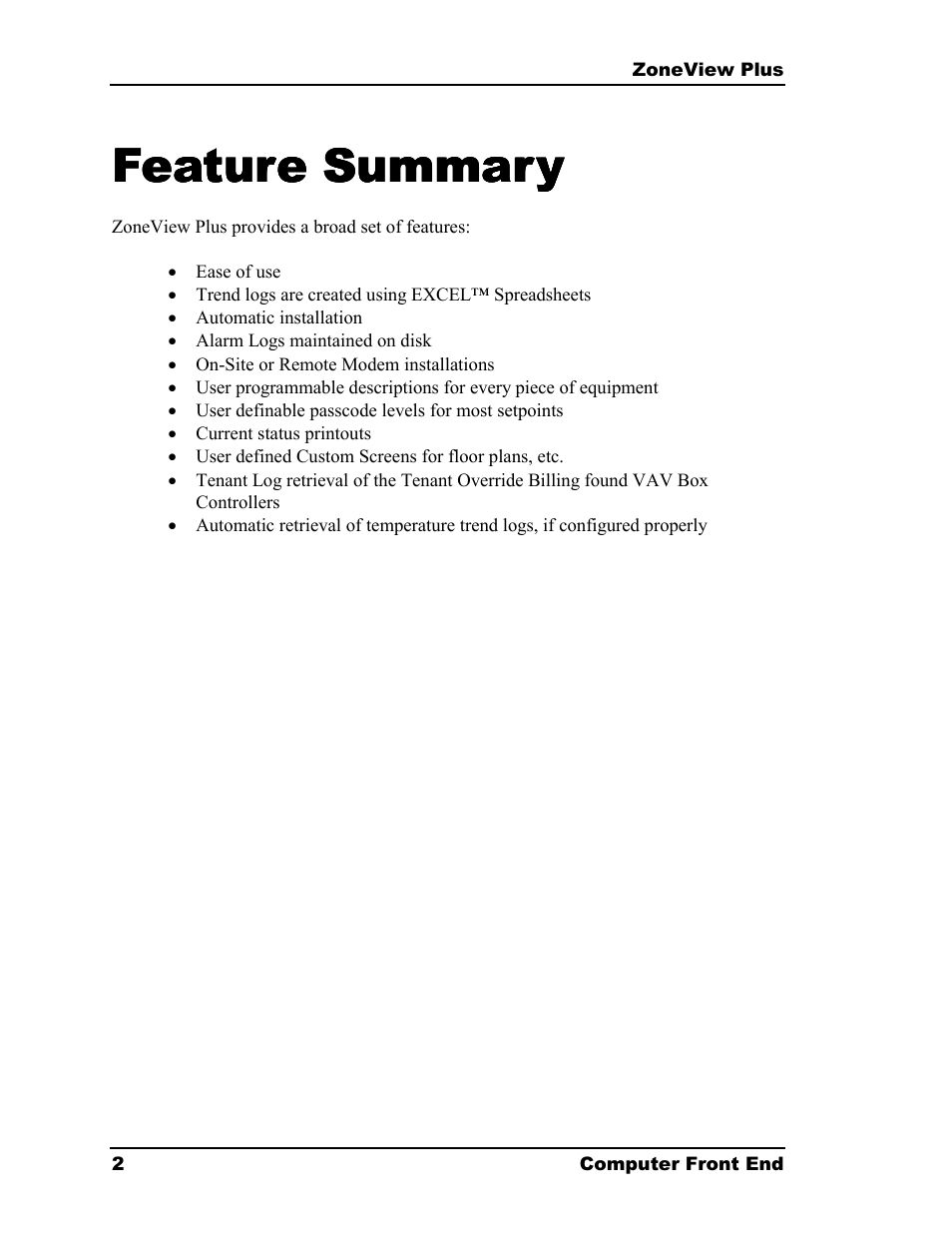 Feature summary | Auto-Zone Control Systems ZoneView Plus Software Manual (Version 01C) User Manual | Page 8 / 62