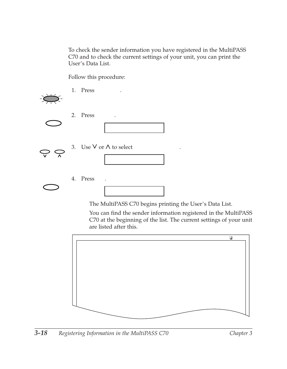 Printing a list to check the sender information, Printing report, User data list | Activity report 07 | Canon C70 User Manual | Page 100 / 421