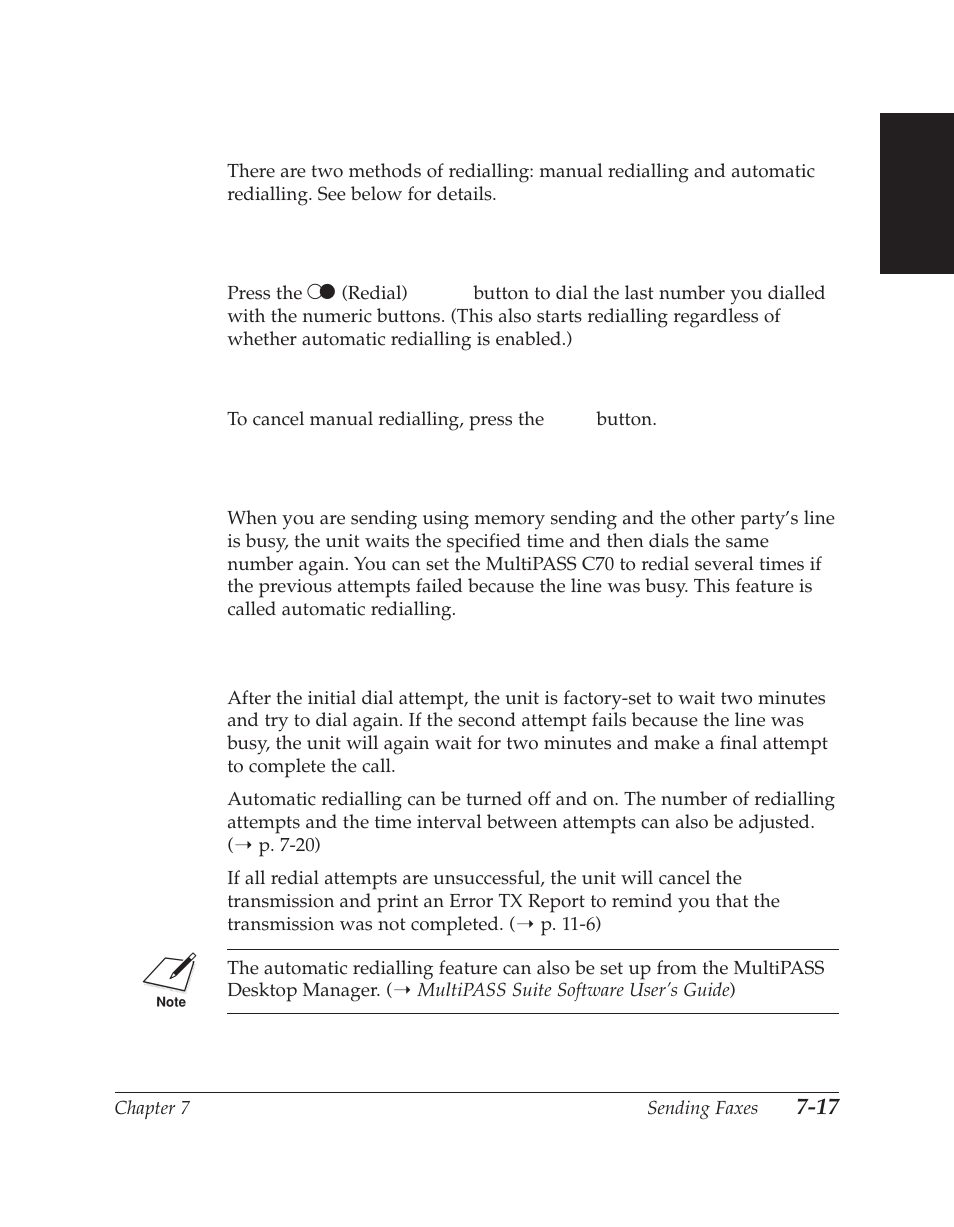 Redialling when the line is busy, Manual redialling, Automatic redialling | Canon C70 User Manual | Page 193 / 421