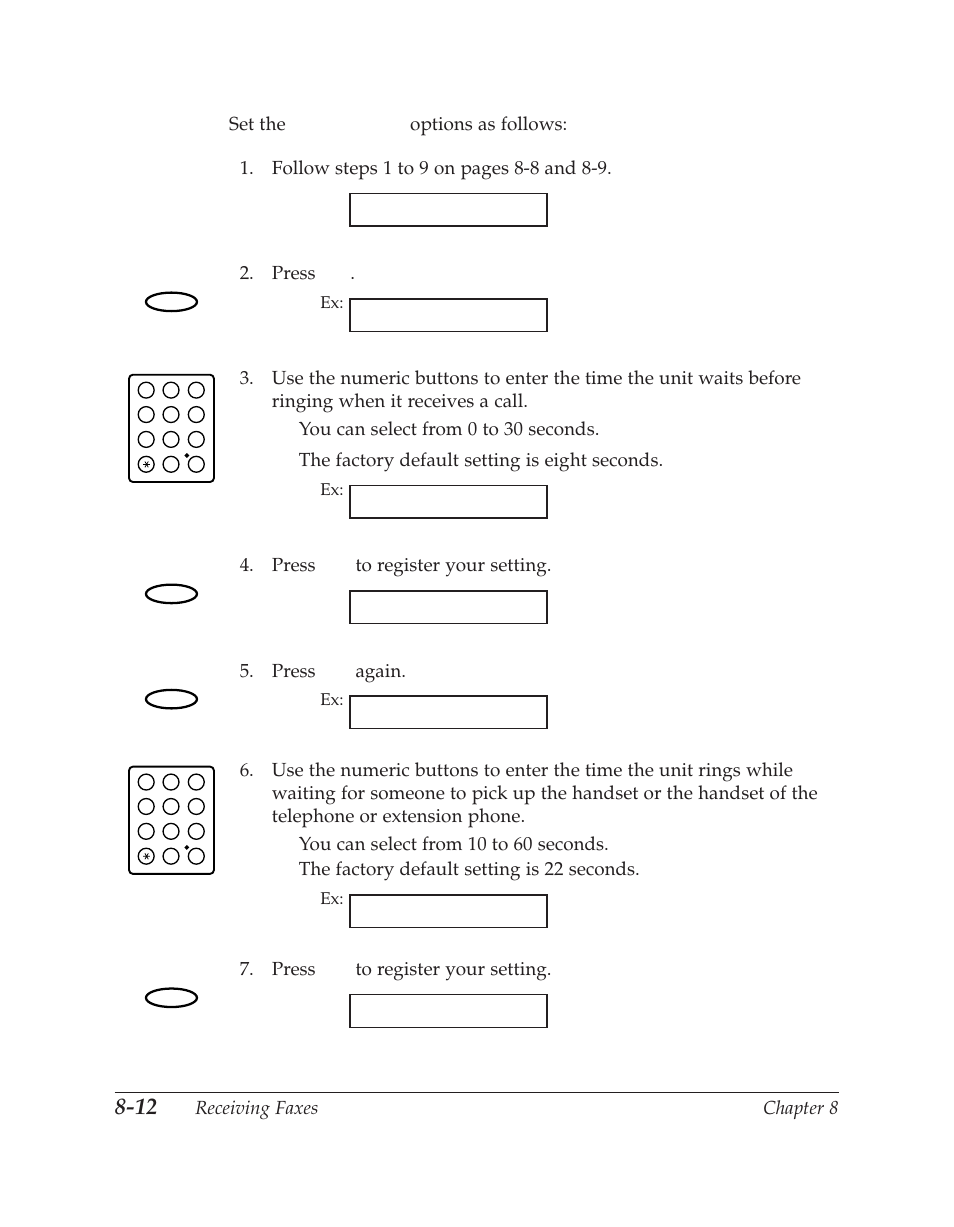 Press set to register your setting, Default action, 30sec | 22sec, F/t ring time, 9sec, 8sec, Ring start time | Canon C70 User Manual | Page 222 / 421