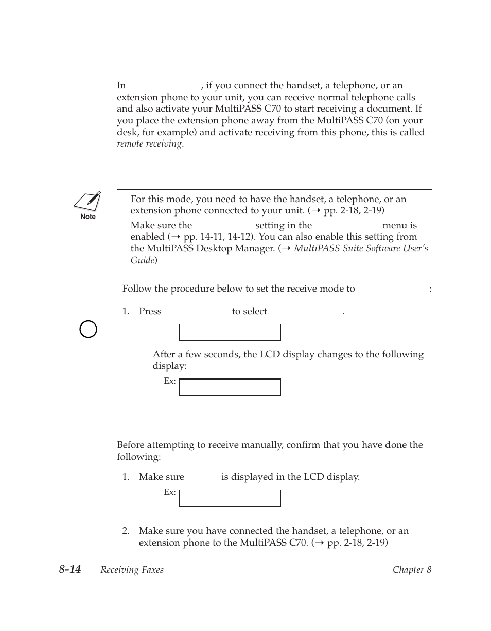 Receiving faxes manually: manual mode | Canon C70 User Manual | Page 224 / 421