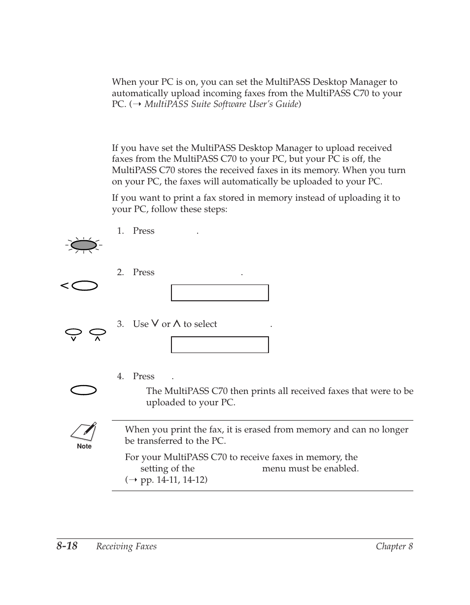 Receiving faxes to the multipass desktop manager | Canon C70 User Manual | Page 228 / 421