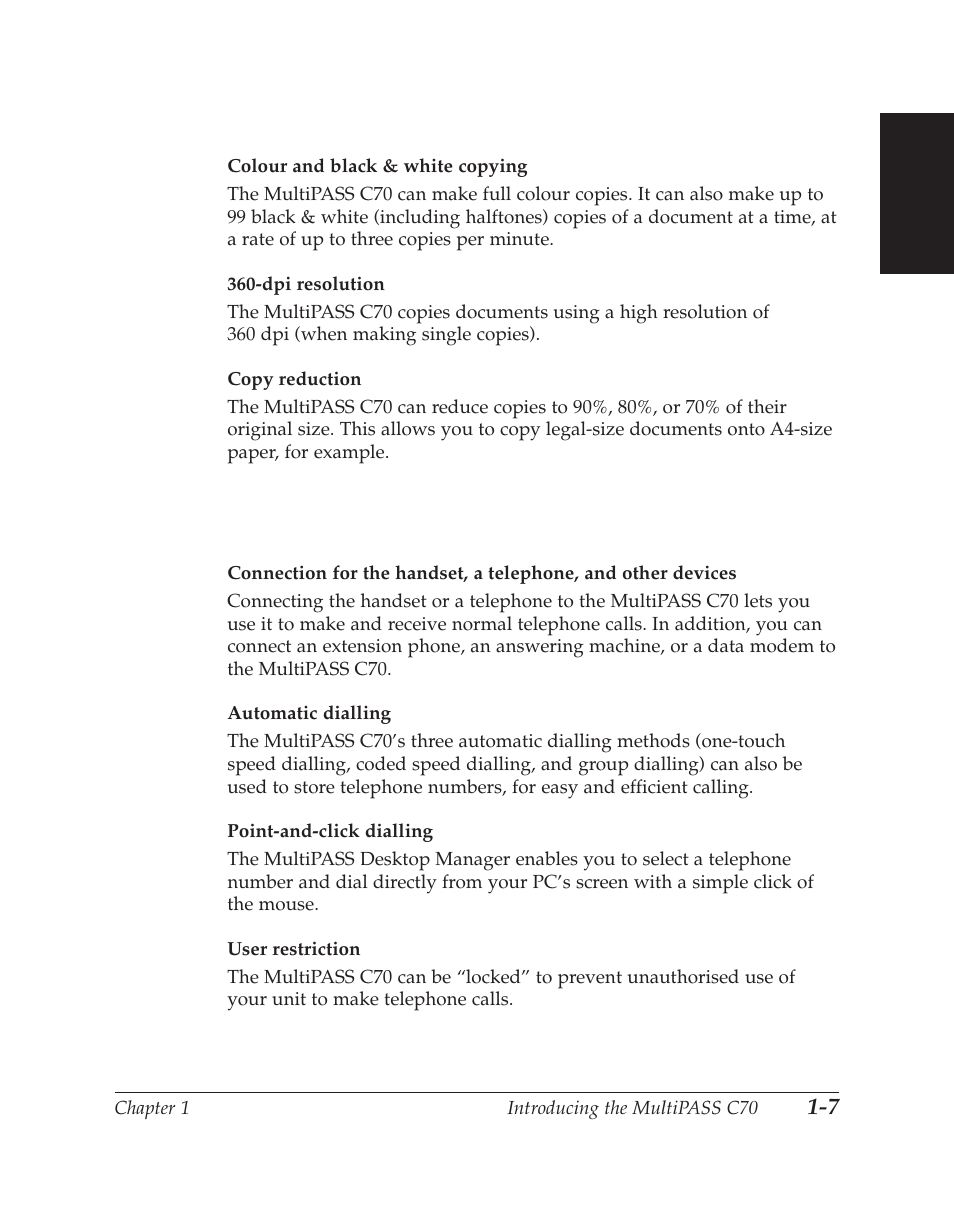 Colour copier features, Telephone features | Canon C70 User Manual | Page 23 / 421