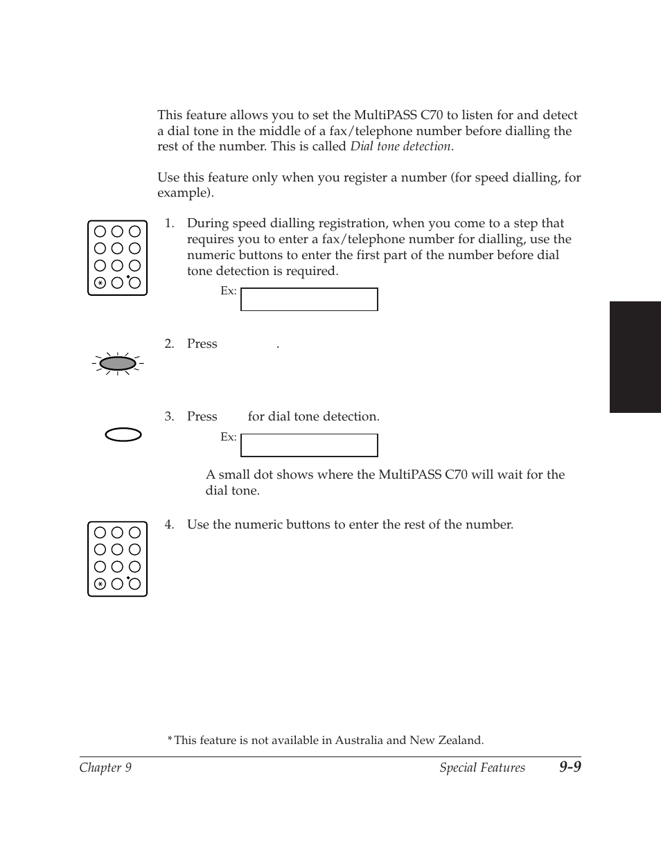 Confirming a dial tone, Chapter 9 special features, Special features | Tel=345, Function | Canon C70 User Manual | Page 251 / 421