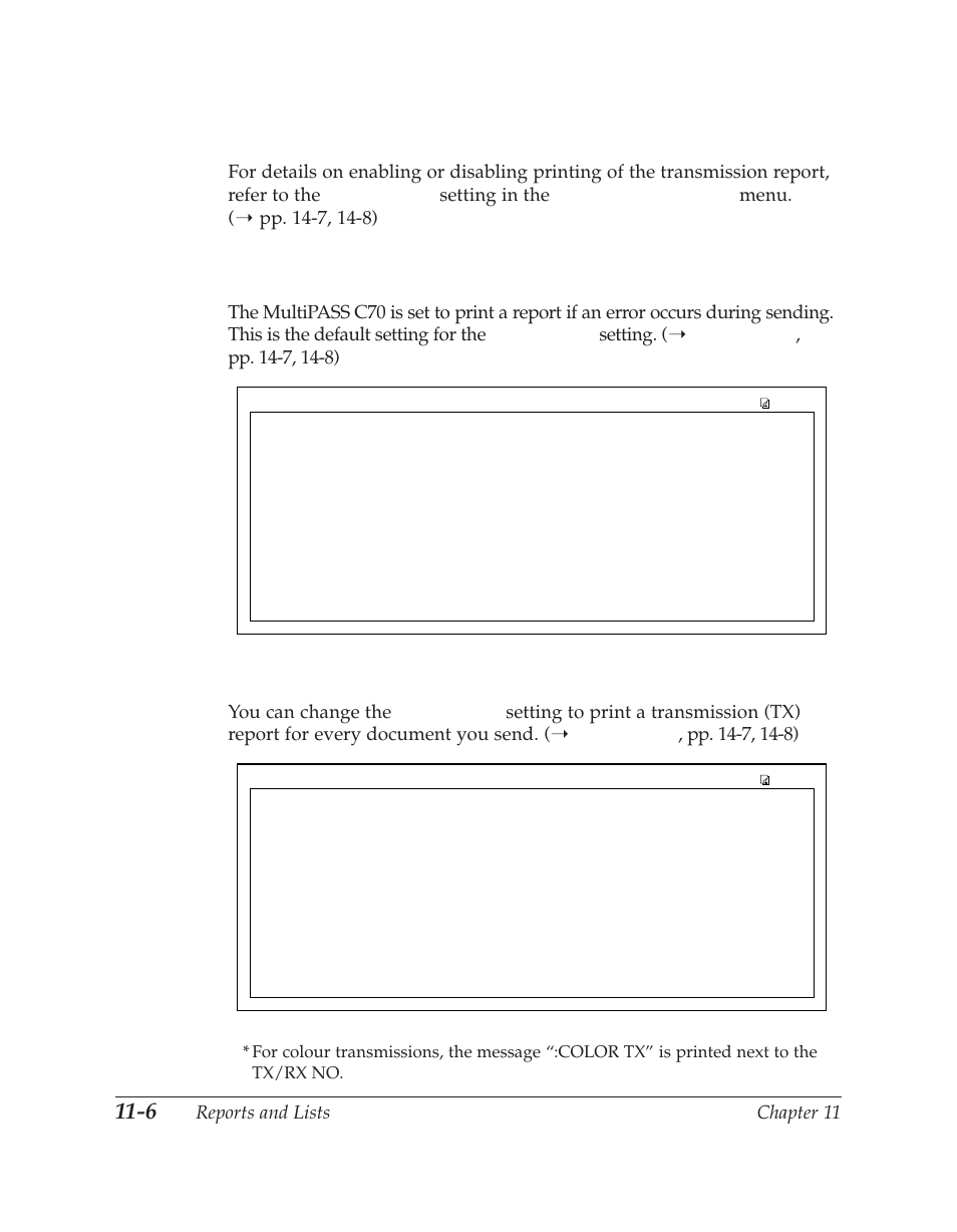 Transmission (tx) reports, Error tx report, Tx report | Reports and lists chapter 11 | Canon C70 User Manual | Page 270 / 421