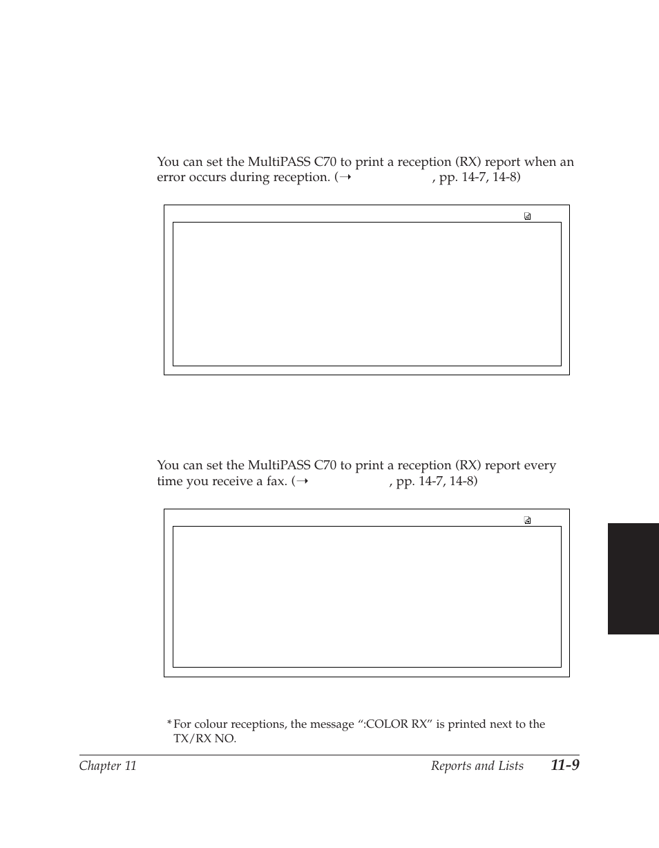 Reception (rx) reports, Error rx report, Rx report | Chapter 11 reports and lists, Repor ts and lists | Canon C70 User Manual | Page 273 / 421