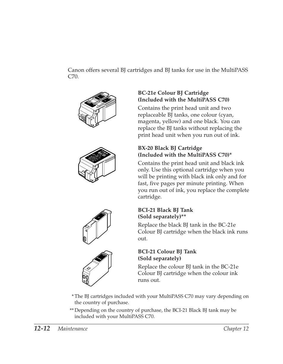 Bj cartridge, Bj cartridges and bj tanks, Maintenance chapter 12 | Canon C70 User Manual | Page 286 / 421