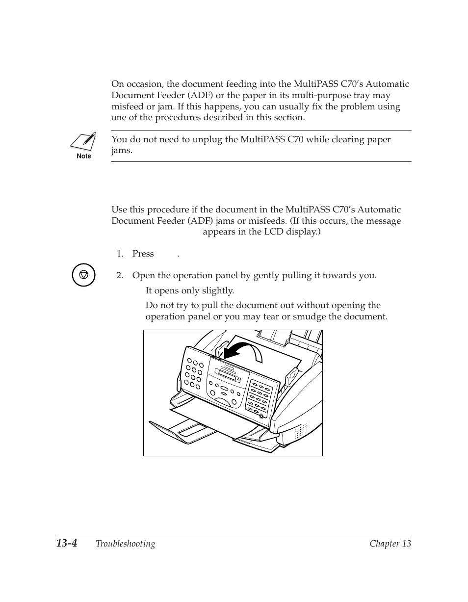 Clearing jams, Jams in the automatic document feeder (adf) | Canon C70 User Manual | Page 312 / 421