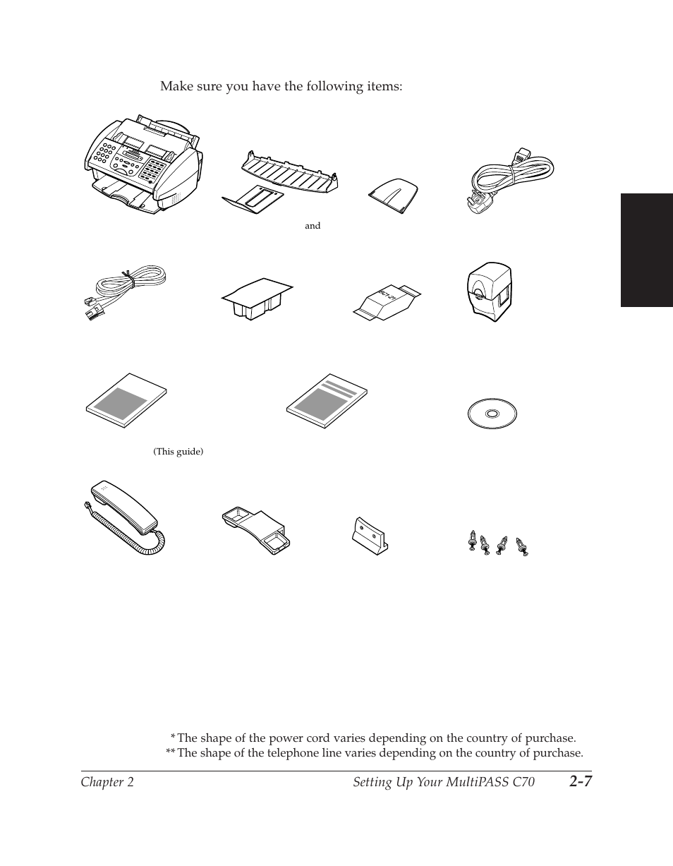 Chapter 2 setting up your multipass c70, Make sure you have the following items | Canon C70 User Manual | Page 45 / 421