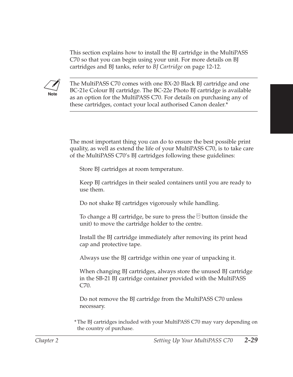 Installing the bj cartridge, Bj cartridge guidelines | Canon C70 User Manual | Page 67 / 421