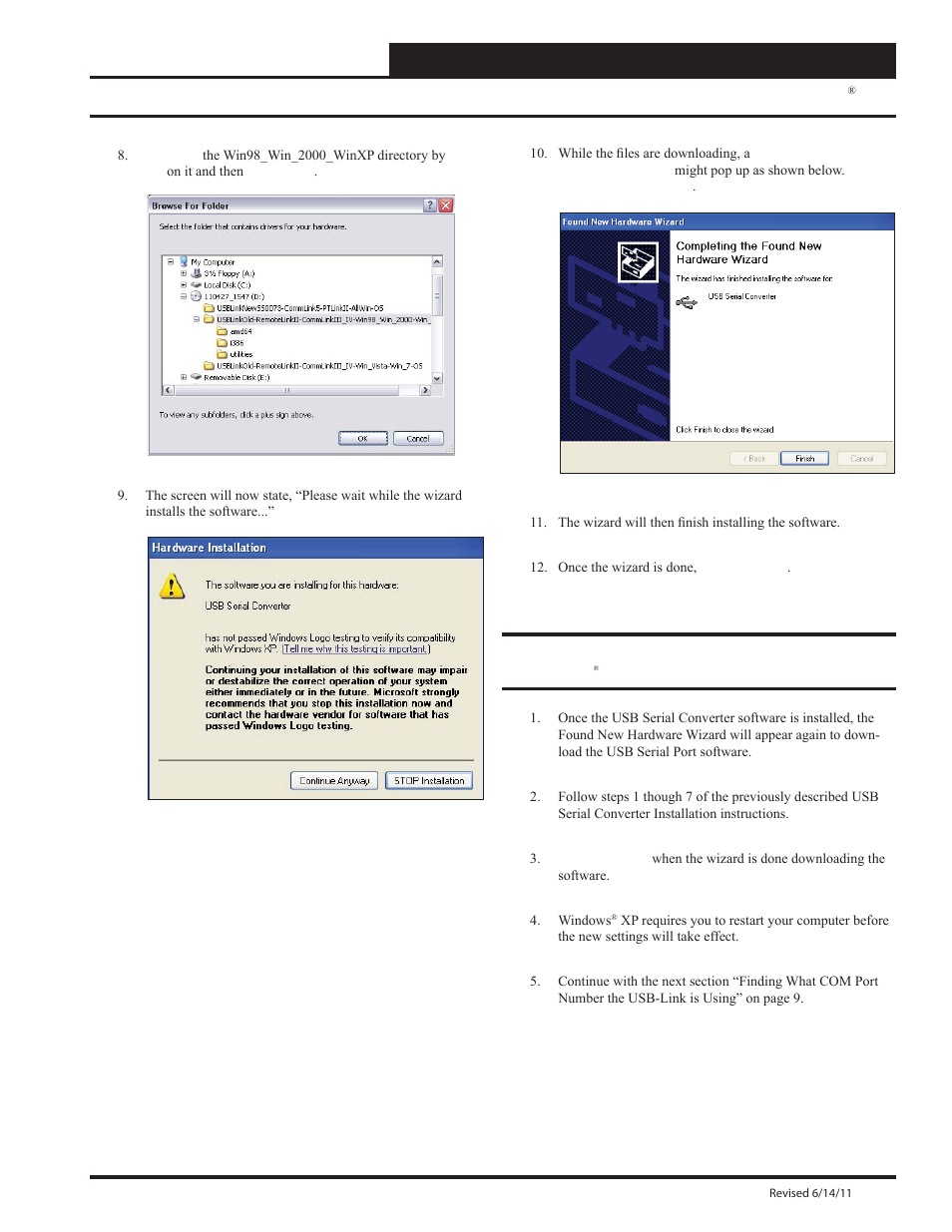 Usb-link usb driver installation for windows, Usb-link technical guide 7 operator interface, Usb serial port driver installation for windows | Auto-Zone Control Systems SS0070 USB-Link Technical Guide, Installation Instructions for the SS0070 USB-Link (Version 01D) User Manual | Page 7 / 20