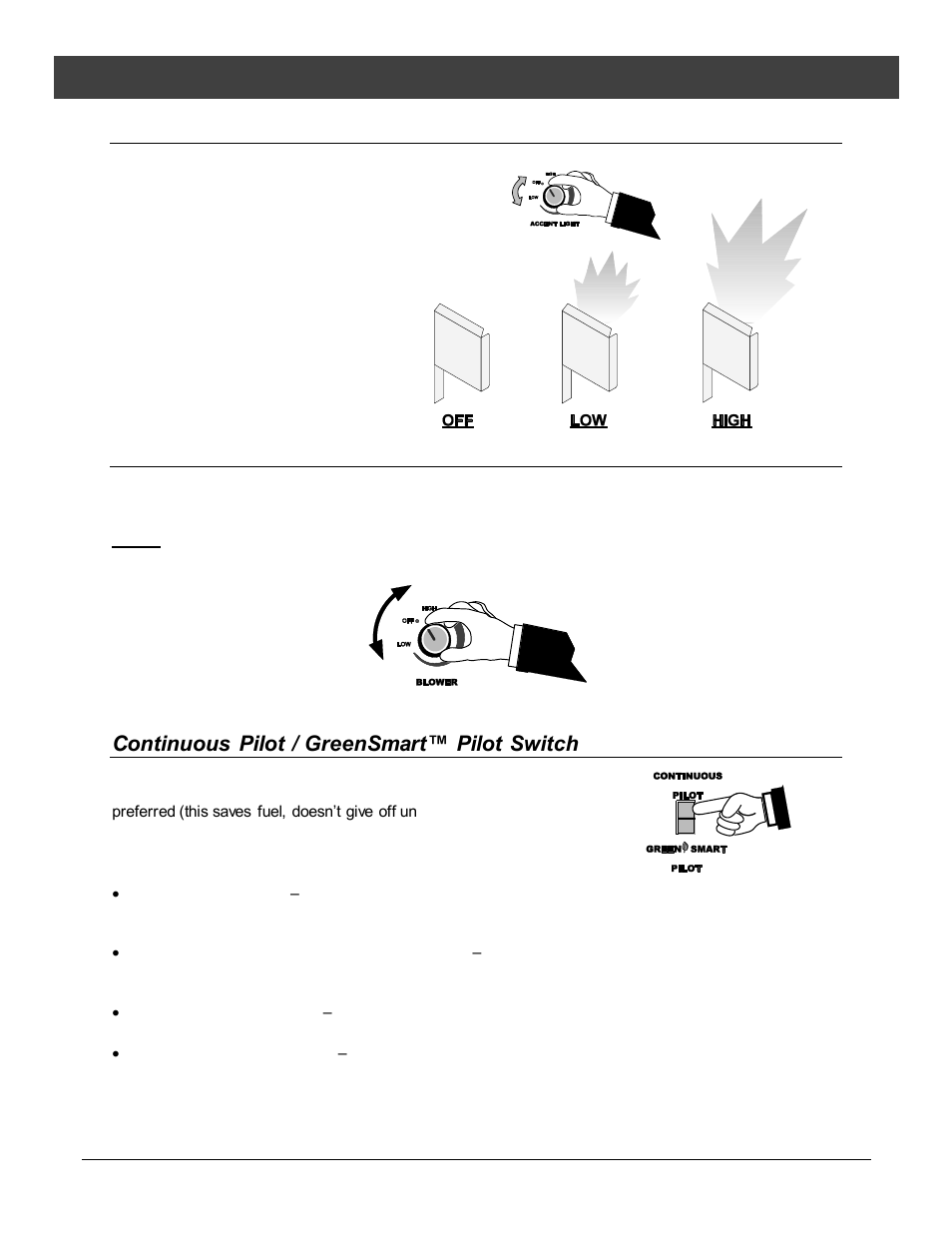 Accent light, Adjusting the optional blower speed, Continuous pilot / greensmart™ pilot switch33 | Operation, Continuous pilot / greensmart™ pilot switch | Avalon Firestyles Tree of Life User Manual | Page 33 / 58