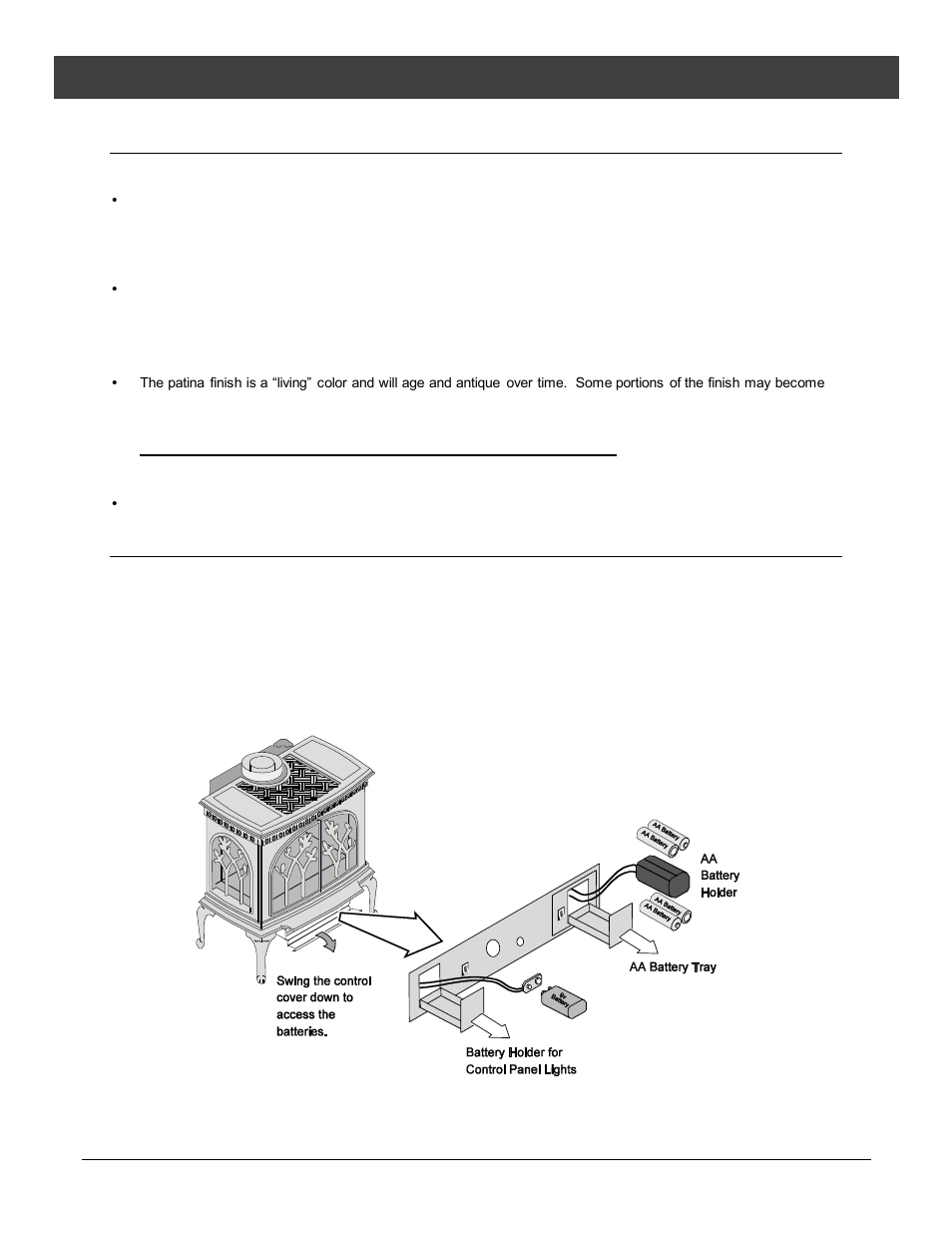 Maintaining your stove's appearance, Painted surfaces, Enamel surfaces | Patina surfaces, Glass, Battery replacement, Power backup batteries, Control panel light battery, Maintenance | Avalon Firestyles Tree of Life User Manual | Page 35 / 58