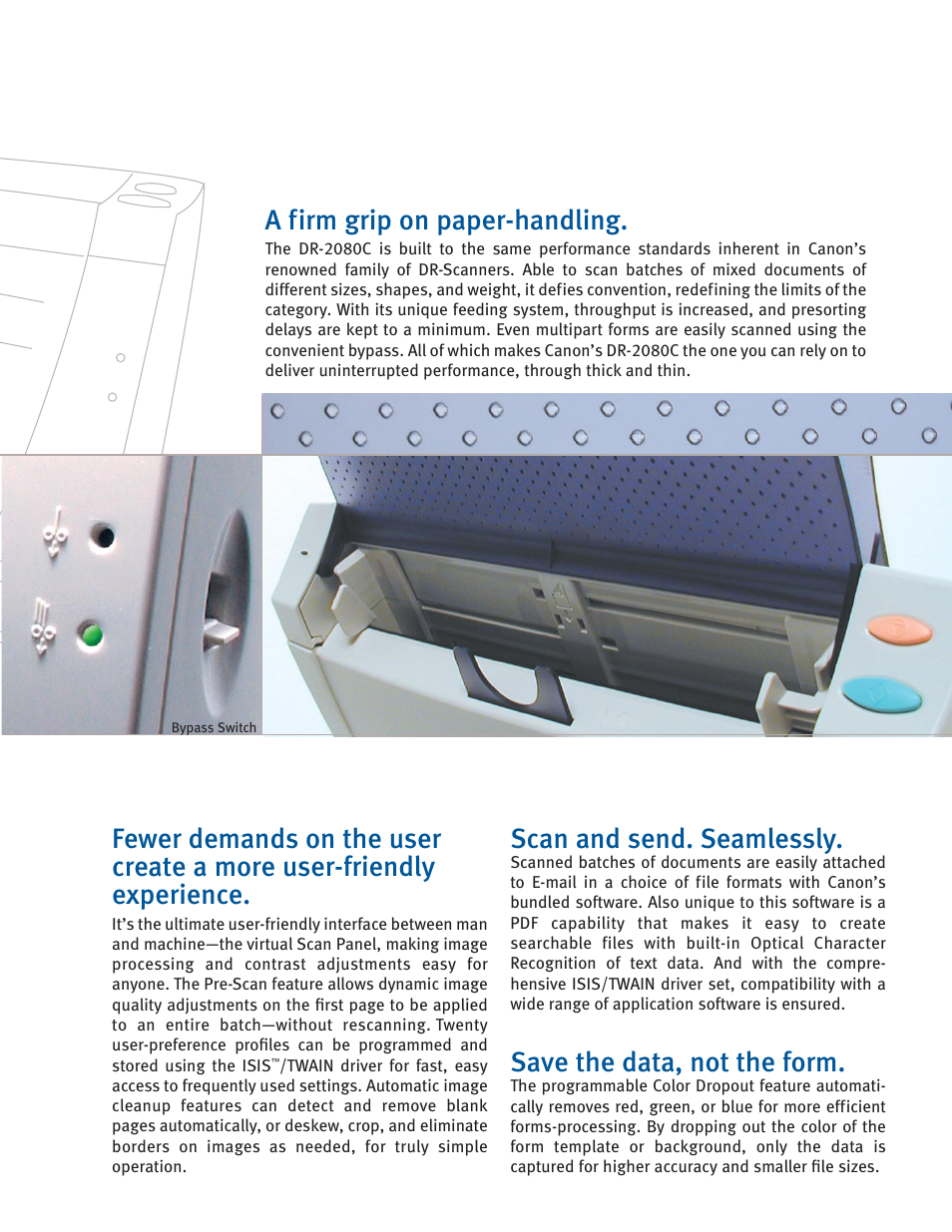 A firm grip on paper-handling, Scan and send. seamlessly, Save the data, not the form | Canon Desktop Scanner DR-2080C User Manual | Page 3 / 4